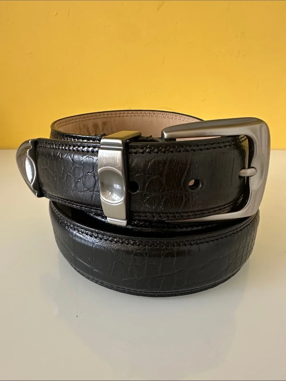 Men's Black Leather Croc Embossed Dress Belt with Brushed Steel Buckle 3XL